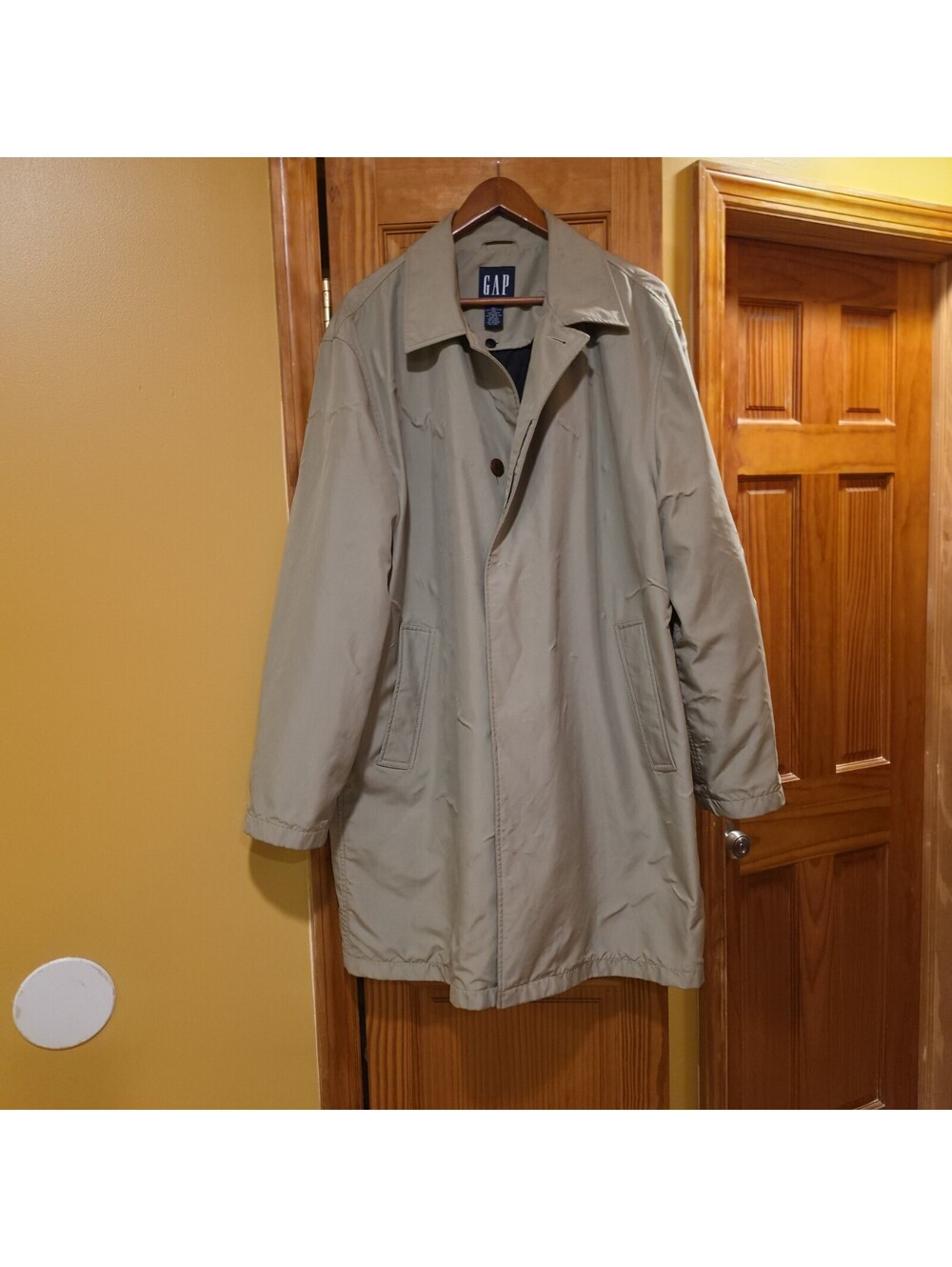 Vintage GAP Mens Large Long Trench Coat Overcoat Khaki Tan Rain Jacket Button Up